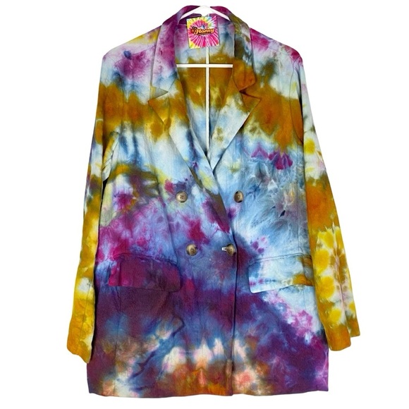 Handmade Ice Tie Dye Blazer Jacket Womens XXL Colorful Upcycled Double Breasted - Picture 1 of 12